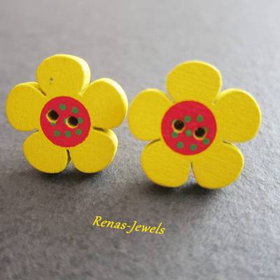 Holzohrstecker Blume gelb rot goldfarben – handgefertigte Ohrstecker aus Holz und Metall