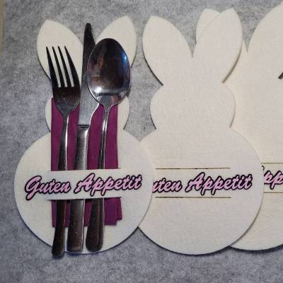 4-er Set Besteckhalter mit Osterhase aus Filz. Tischdeko für Ostern. Geschenk oder Mitbringsel