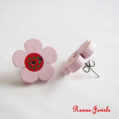 Holzohrstecker Blume rosa rot – handgefertigte silberfarbene Holz Ohrringe