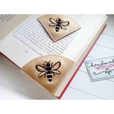 Biene Eck Lesezeichen gestickt veganes Kunstleder in gold Leseecke Geschenk Bücherwurm Leseratte Imker