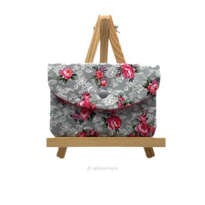 Beautybag, Kosmetiktasche, Briefumschlag,  aus grauem Dindlstoff mit roten Rosen
