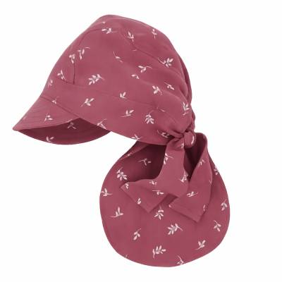 Musselin Bandana mauve mit Motiv für Mädchen mit Schirm und Nackenschutz, Kinderkopftuch atmungsaktiv