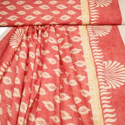 aus Italien:  Viskose Crepe, himbeere Blätter und Bordüre, 150 cm breit, Meterware, Preis pro 0,5 lfdm