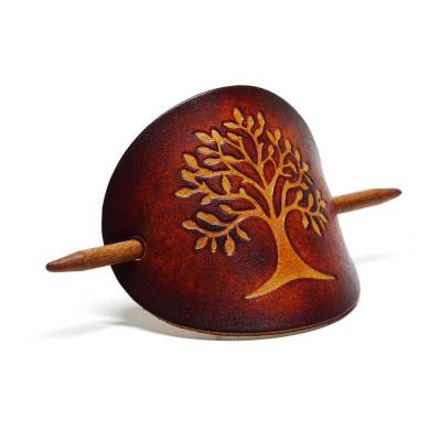 Leder Haarspange - OX Antique - Tree of Life 2 - Vickys World - Rindleder & Holz