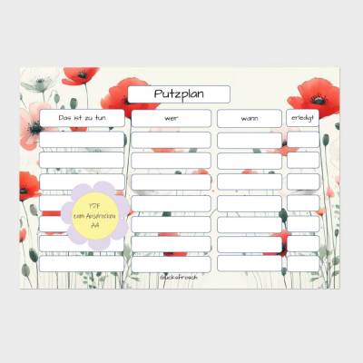 Putzplan PDF A4 mit buntem Mohn – praktischer Haushaltsplan zum Ausdrucken
