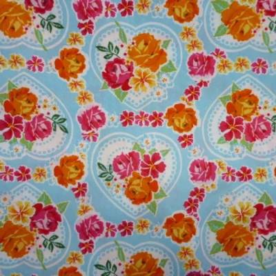 STENZO Baumwoll- Popeline, "Rosen", blau-pink, 150 cm breit, Meterware, Preis pro 0,5 lfdm