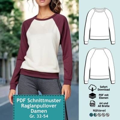 PDF Schnittmuster mit Ebenen Raglanpullover Tina, Gr. 32-54 | eBook, Damen Pullover, Raglanärmel, Schnitt, farbige Nähan