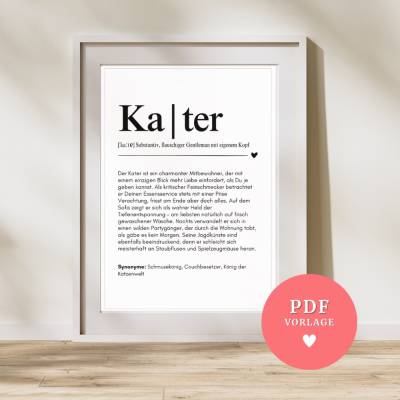 Druckvorlage Poster Karte „Kater“ • Lustige Definition PDF A4