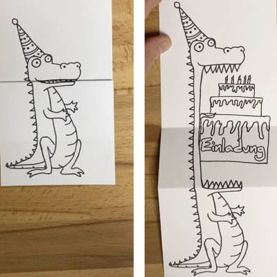 Printable: Faltkarten 4er Set Partytiere, Löwe, Krokodil, Bär und Frosch zum Selbstausdrucken und anmalen, als Einladung