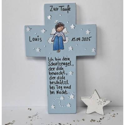 Taufkreuz personalisiert – Handbemaltes Holzkreuz mit Schutzengel & Spruch als Taufgeschenk für Jungen