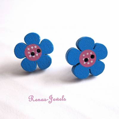 Holzohrstecker Blume blau rosa – Handgemachte Holz Ohrringe goldfarben 19 mm