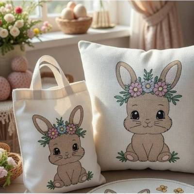 Stickdatei Hase – Osterhase 1 Lineare Art Set 2513 – Hase mit Blumen für Kissen, Shirts & mehr