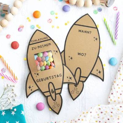 Schokolinsen Rakete, Einladung Geburtstag Kinder, Kindergeburtstag, Geburtstagseinladung digitale Einladung, pdf