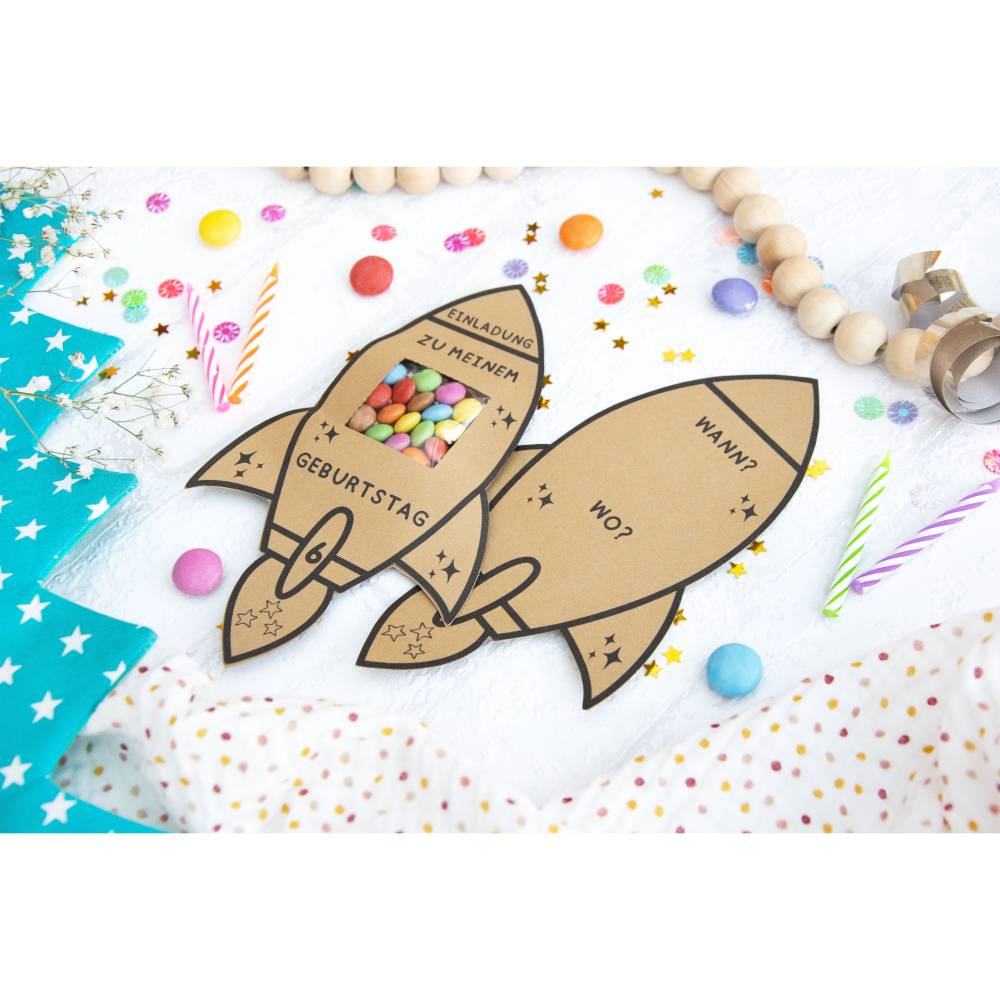 Schokolinsen Rakete, Einladung Geburtstag Kinder, Kindergeburtstag, Geburtstagseinladung digitale Einladung, pdf Bild 2
