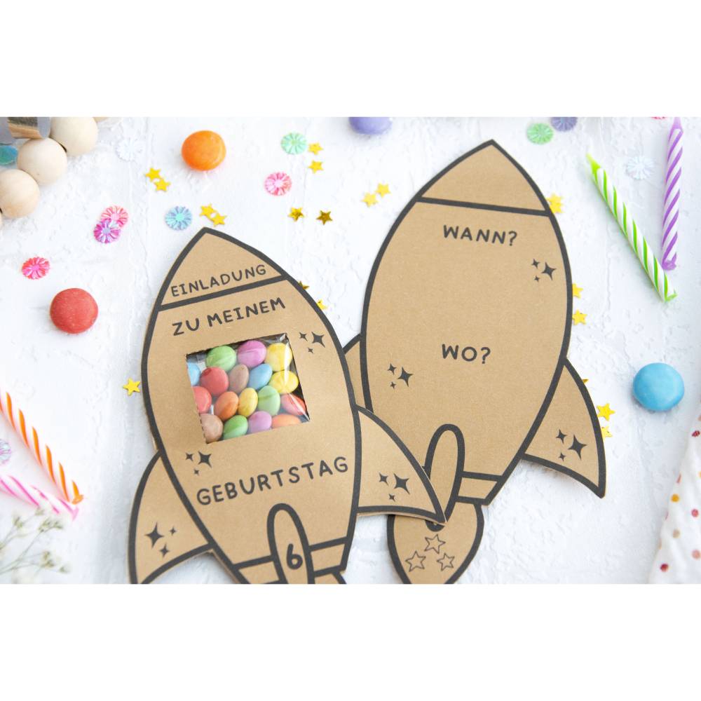 Schokolinsen Rakete, Einladung Geburtstag Kinder, Kindergeburtstag, Geburtstagseinladung digitale Einladung, pdf Bild 3