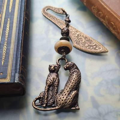 Geparden Buchzeichen  Art Deco Bronze Metall Lesezeichen Leoparden Paar Geschenk zum Buch