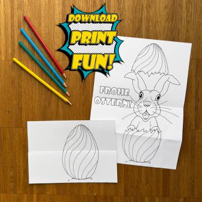DIY Printable: Oster Karte Faltkarte Grußkarte zum Selbstausdrucken und anmalen, Frohe Ostern, Happy Easter, Osterhase