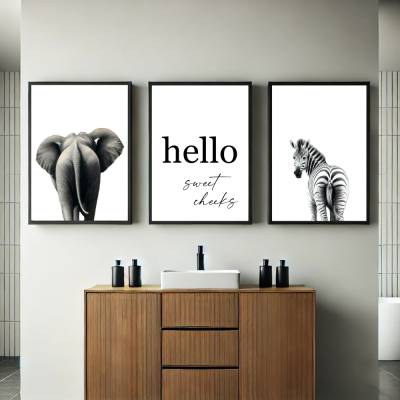 Badezimmer Poster Set, HELLO SWEET CHEEKS mit Elefant & Zebra, lustige Wandkunst, witzige Tiermotive ideales Geschenk