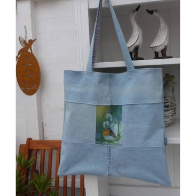 Jeans-Shopper Robin, Rotkehlchen im Schneeglöckchen-Feld, gefüttert, Reißverschluss-Innentasche