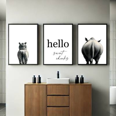 Badezimmer Poster Set, HELLO SWEET CHEEKS mit Elefant & Zebra, lustige Wandkunst, witzige Tiermotive ideales Geschenk