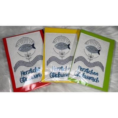 Schöne gestickte Karten Glückwunschkarten zur Taufe, Kommunion, Fisch 3er Set