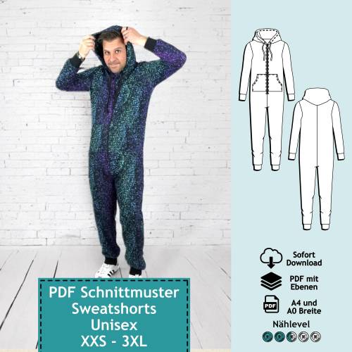 PDF Schnittmuster mit Ebenen Unisex Jumpsuit Alex, Gr. XXS-3XL | e-book, Herren & Damen Schnitt Onesie mit farbiger Näha