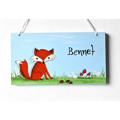 Türschild Kinderzimmer Fuchs – Handbemaltes Holztürschild mit Fliegenpilz für Jungen