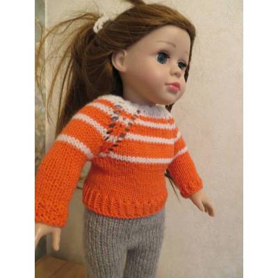 Handgestrickter Pullover orange weiß für Puppen 40-46 cm mit Elefantenknopf– Puppenkleidung 