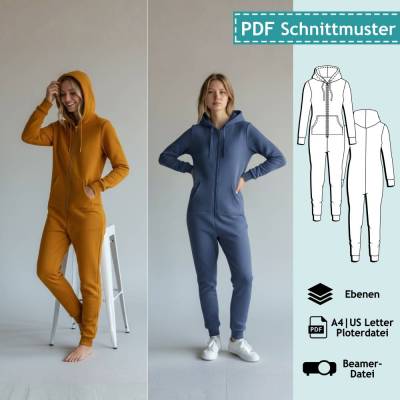 PDF Schnittmuster mit Ebenen Fitted Jumpsuit Alexandra, Gr. XS-4XL | eBook, Onesie Damen Schnitt mit farbiger Nähanleitu