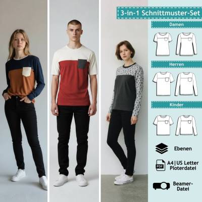 3er Set PDF Schnittmuster Longsleeve & T-Shirt mit Tasche für Damen, Kinder + Herren | e-Book Schnitt Oberteil, Top, Näh