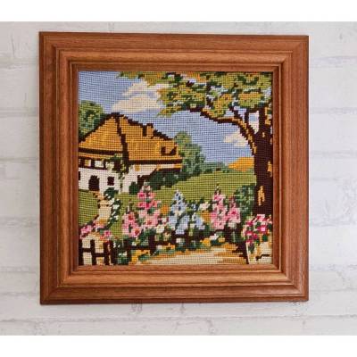 Vintage Stickbild Bauernhaus Landschaft Blumen bunt Gobelin echte Handarbeit Echtholzrahmen Geschenk Muttertag