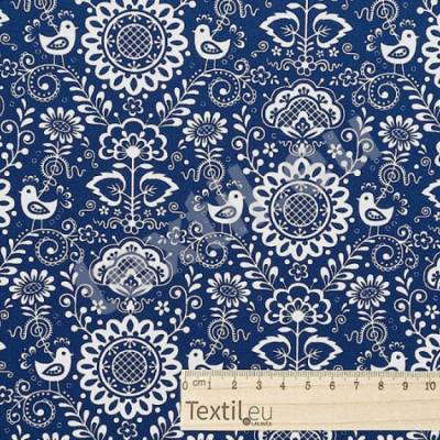 Baumwolldruck, Ornamente, Blumen, Vögelchen, dunkelblau-weiß, 150 cm breit, Meterware, Preis pro 0,5 lfdm