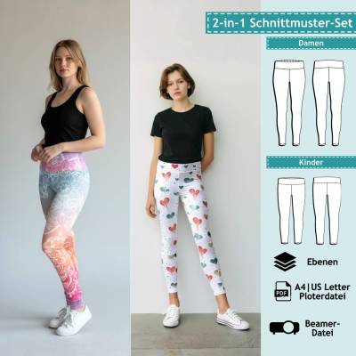 2er Set PDF Schnittmuster Damen und Kinder Leggings | e-Book für Damen und Mädchen Sporthose, Schnitt mit Nähanleitung, 