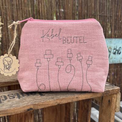 Kabelbeutel // Leinentasche für unterwegs // Krimskrams // Kabel // Urlaub // Camping rosa