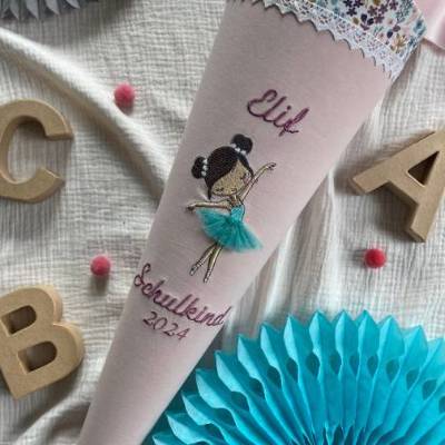 Schultüte Ballerina für Mädchen mit 3D Elementen, Pastell, mit Namen und Datum, 70 cm