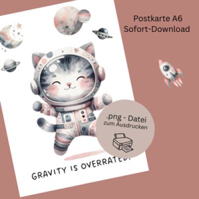 Lustige Astronauten-Postkarte in rosa und grau - Kinderzimmerdeko für kleine Abenteurer