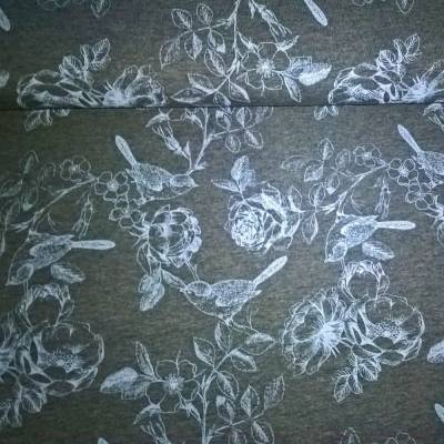Jersey Vögel mit Blumen, Meterware 95% Baumwolle, 5% Elasthan