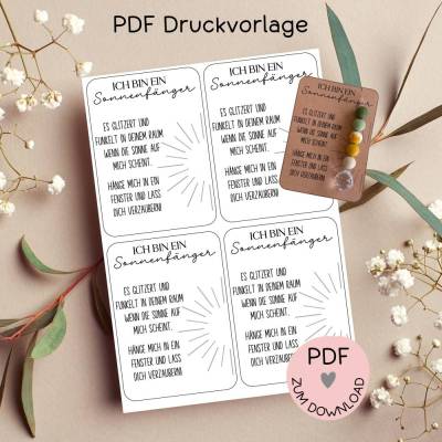 Digitale Datei, PDF Druckvorlage Karte "Sonnenfänger", z.B. für kleine Geschenke, etc.c