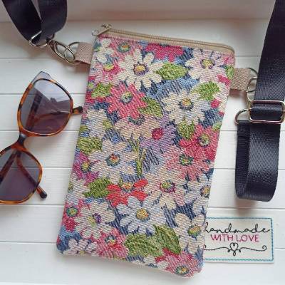 Handytasche zum Umhängen Blumen pastell, Gobelin Stoff mit Reissverschluß, Umhängetasche kleine Handtasche, Geschenk Mut