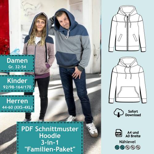 3er Set Hoodie "Bonnie & Clyde" PDF Schnittmuster für Damen, Kinder und Herren | eBook Schnitt mit farbiger Nähanleitung