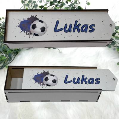 Stiftebox aus Holz personalisiert | Geschenk Einschulung| Federmäppchen Stifte Etui | Stifthalter Fussball Blau