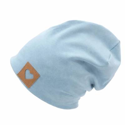 Beanie Mütze Mädchen eisblau mit Herzpatch, Baby und Kindermütze hellblau,Slouch Beanie,  Übergangsmütze