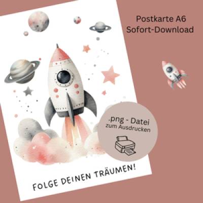 Motivations-Postkarte „Folge deinen Träumen“ – Raketen-Motiv in Rosa-Grau