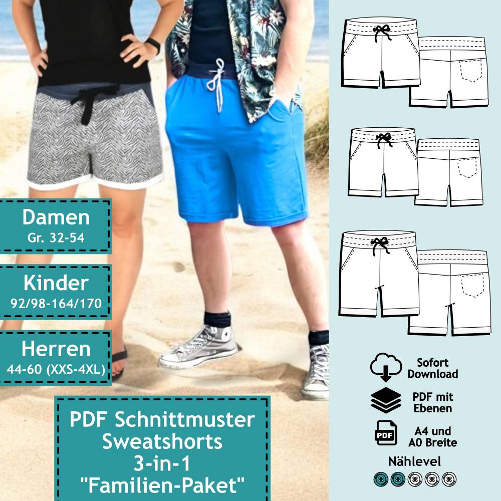 3er Set Sweatshorts PDF Schnittmuster  für Damen, Kinder & Herren, Schnitt für kurze Hose, Shorts mit Nähanleitung | Bun Bild 1