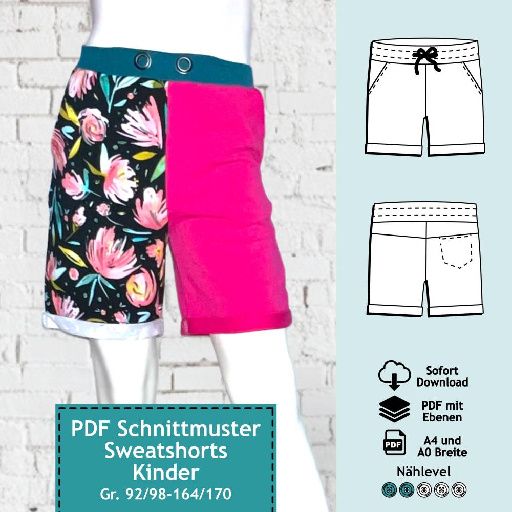 3er Set Sweatshorts PDF Schnittmuster  für Damen, Kinder & Herren, Schnitt für kurze Hose, Shorts mit Nähanleitung | Bun Bild 4