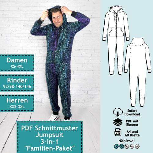 Bundle, 3er Set PDF Schnittmuster mit Ebenen Jumpsuit | e-book, Kinder, Herren & Damen Schnitt Onesie mit Nähanleitung (