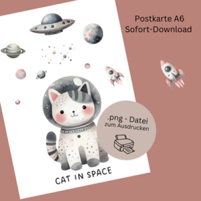 Astronauten-Katzen-Postkarte – Perfekt fürs Kinderzimmer! Katze im Weltall