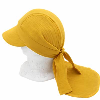 Musselin Bandana senfgelb für Kinder mit Schirm und Nackenschutz, Kinderkopftuch unisex, atmungsaktvi und variabel
