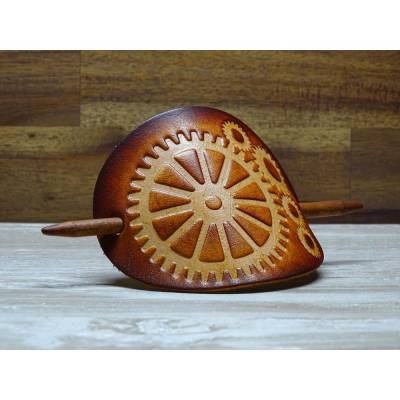 Leder Haarspange - OX Antique - Gears 2 - Vickys World - Rindleder & Holz