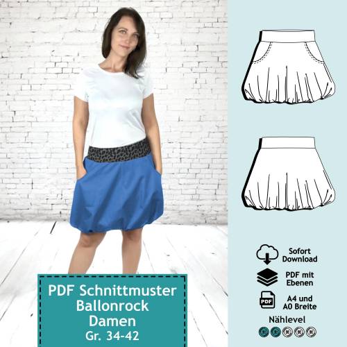 PDF Schnittmuster mit Ebenen Ballonrock Jasmin, Gr. 34-42 | E-Book für Damen Rock, Schnitt + Nähanleitung